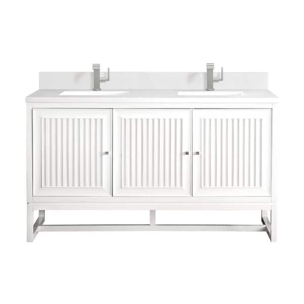 James Martin Vanities Athens 60.0 in. W x 23.5 in. D x 34.5 in. H Bathroom Vanity in Glossy White with White Zeus Silestone Quartz Top
