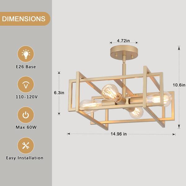 ZJVAIVE 14.96 in. 4-Light Geometric Gold Modern Semi-Flush