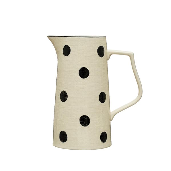 Storied Home 230 fl.oz Ivory and Black Stoneware Pitcher with Painted Polka Dots