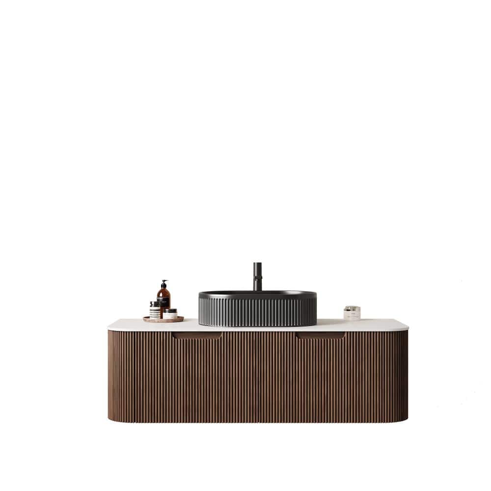 48 in. Floating Dark Walnut Bath Vanity with Carrara White Sintered Stone Top and Black Striped Oval Ceramic Basin price history on PriceWatchPro