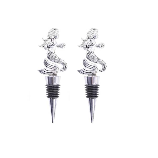 2-Pack Zinc Alloy Mermaid Bottle Pourers with Silicone Stoppers, 4.96 x 1.57 in., Decorative Bar Spouts