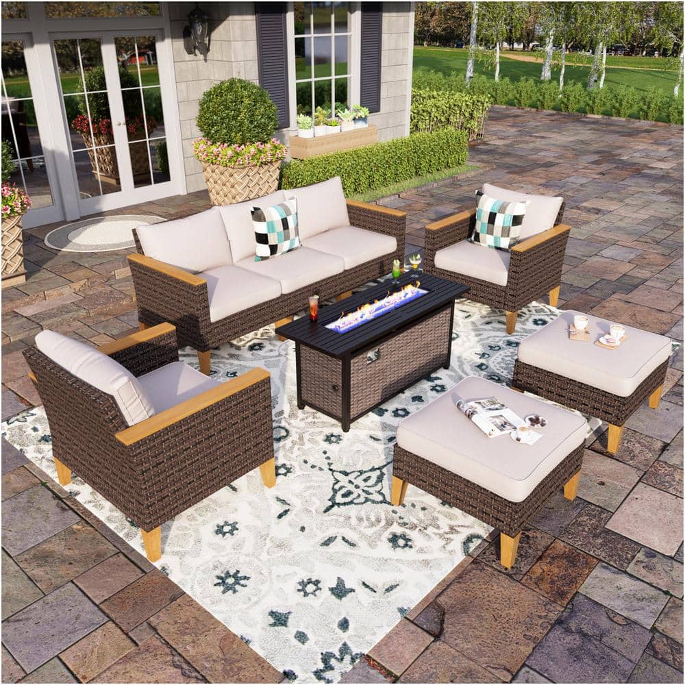 Brown Rattan Wicker 7 Seat 8-Piece Steel Outdoor Patio Conversation Set with Beige Cushions,Rectangular Fire Pit Table price history on PriceWatchPro