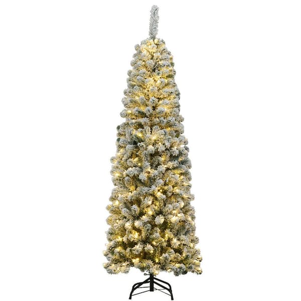 6 ft. Pre-Lit Pencil Snow Flocked Pencil Artificial Christmas Tree Holiday Decoration