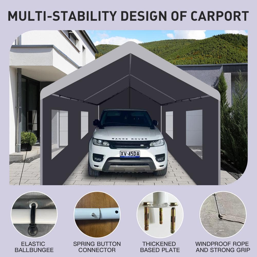 Gray 10' x 20' Portable Metal Frame Carport with Windows