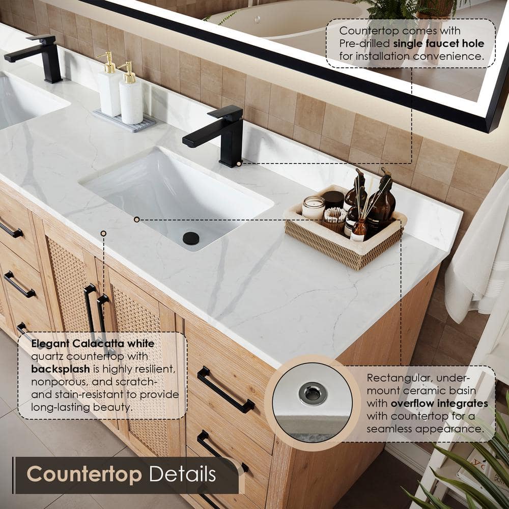 Floral 84" Light Brown Fir Wood Vanity with Calacatta White Quartz Top and Mirror