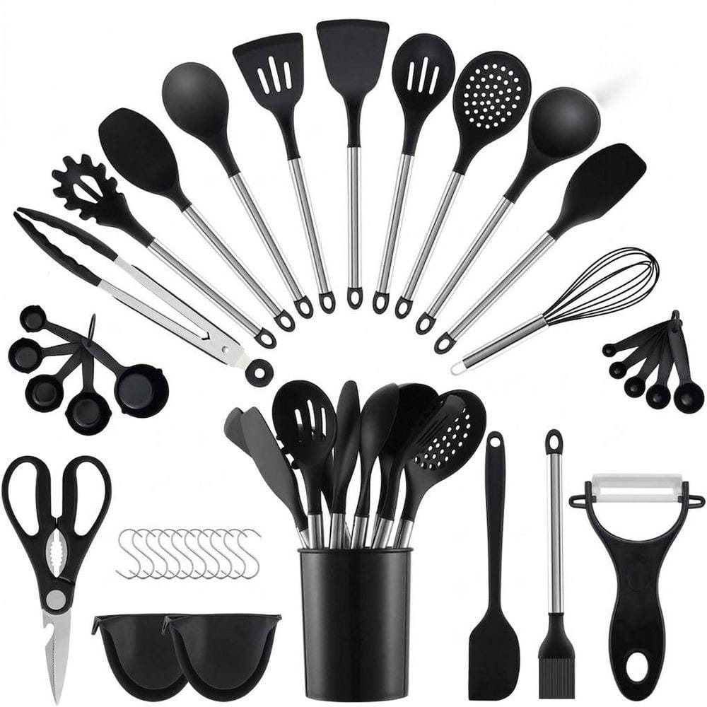 LAIFUCAM 38-Piece Black Silicone Kitchen Utensil Set with Stainless Steel Handles, Nonstick Heat Resistant Cooking Tools