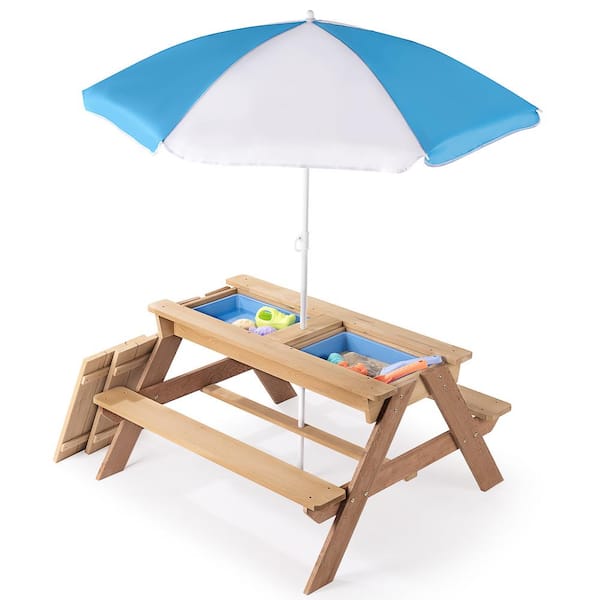 37" L x 35" W x 20 in. H 3 in 1 Kids Picnic Table With Umbrella Outdoor Wooden Convertible Sand and Wate In Natural Wood