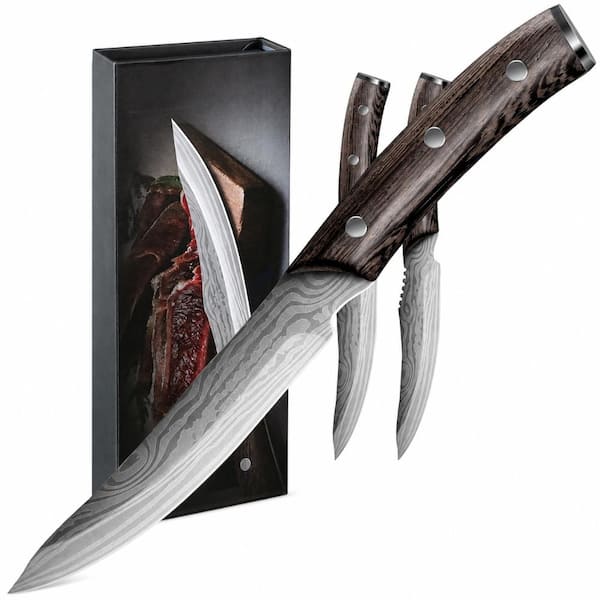 Steak Knives Set of 2 4.8 in Japanese Style Non Serrated Damascus Pattern Full Tang Wenge Wood Handle