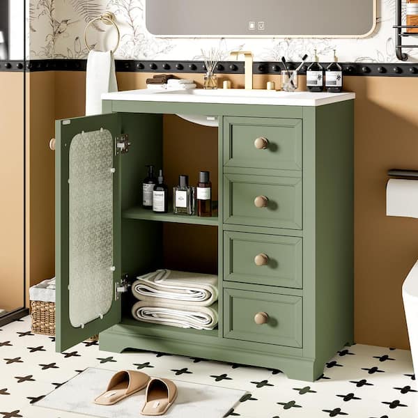 30 in. Freestanding Sage Green Bath Vanity with White Ceramic Top & Soft Close Glass Door Unassembled