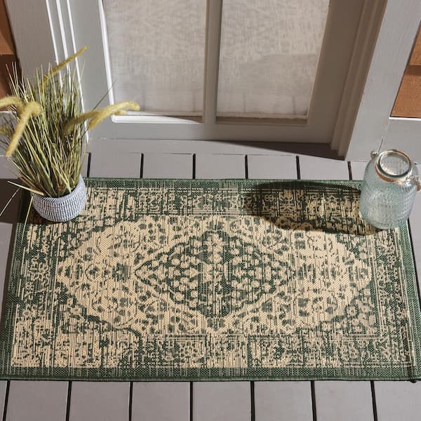 Courtyard Beige/Dark Green 2 ft. x 4 ft. Medallion Floral Border Indoor/Outdoor Area Rug