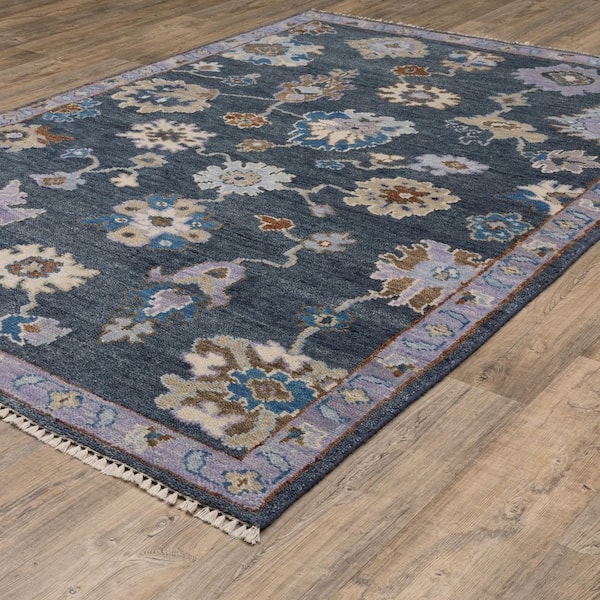 Majestic Blue/Multi 9 ft. x 12 ft. Floral Distressed Hand-Knotted Wool Fringed-Edge Indoor Area Rug