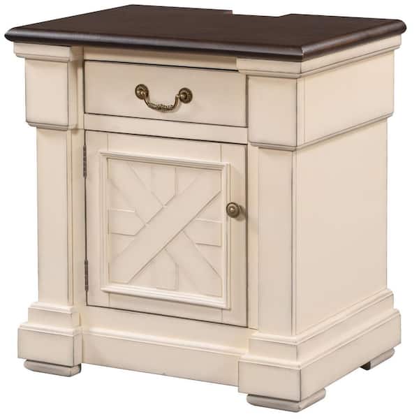 GODEER 1-Drawer Antique White Nightstand with Cabinet, USB Charging Ports (27.6 in. H x 25.6 in. W x 18.1 in. D)