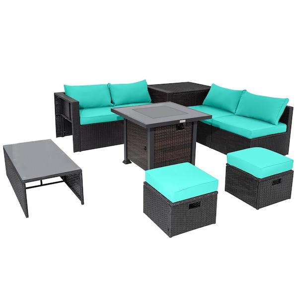 FORCLOVER 9-Piece Wicker Patio Sectional Seating Set with 32 in. Fire Pit Table and Turquoise Cushions
