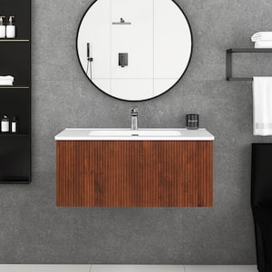 35.80 in. W 18.30 in. D 15.60 in. H Single Sink Wall-Mounted Bath Vanity in Walnut with White Ceramic Top