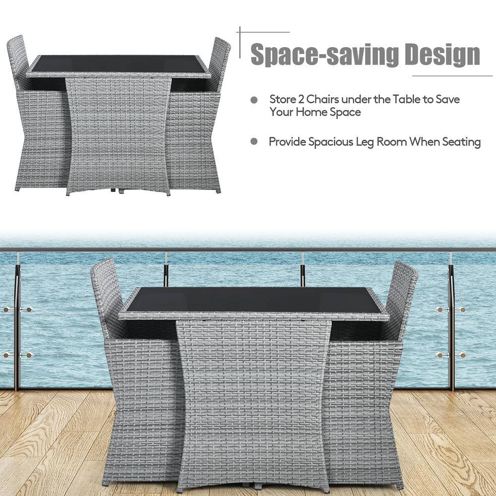 Gray Wicker 3-Piece Patio Set with White Cushions