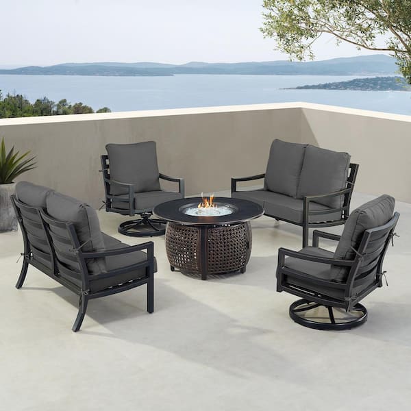 Oakland Living Black 7-Piece Aluminum Patio Fire Pit with 2-Deep Seating Loveseat and 2-Club Chairs Black Cushions