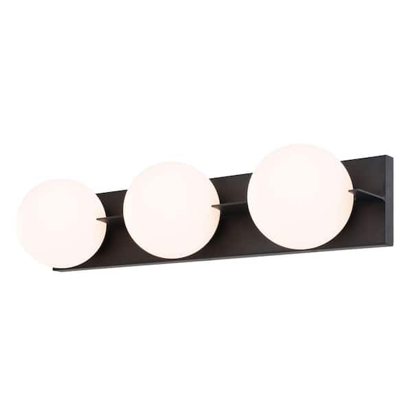 Parkview 24 in. 3 Light Vanity Light LED Compatible Black Mid-Century Modern Bathroom Vanity Wall Fixture White Glass