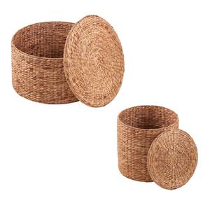 Satalia 24 in. 2-Piece Natural Short Round Hyacinth End Table with Storage Set