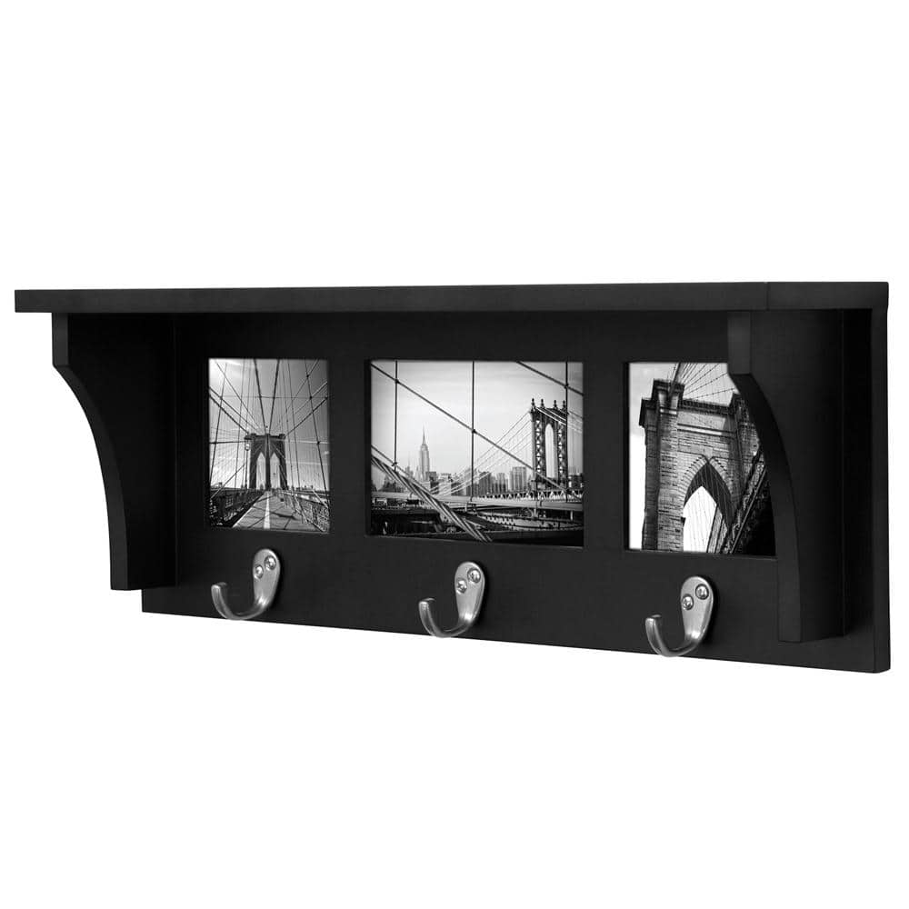 Black MDF Wall Shelf with Hooks and Photo Frames