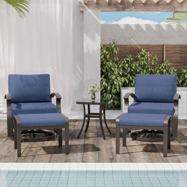 5-Piece Aluminum Swivel Outdoor/Indoor Rocking Chairs Patio Conversation Set with Navy Cushions and Table, Footstool