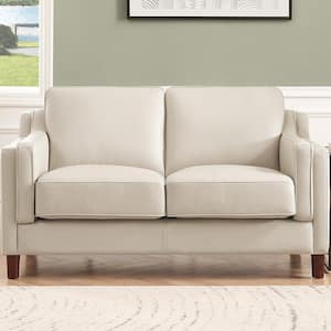 Bella 60 in. Vanilla White Top Grain Leather 2-Seat Loveseat with Removable Cushions