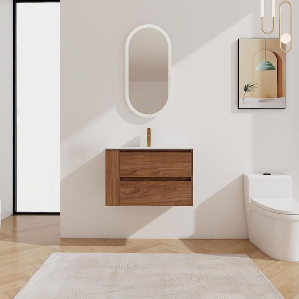 30 in. W x 18.3 in. D x 19.7 in. H Wall Mounted Plywood Bath Vanity in Brown Oak with White Ceramic Top