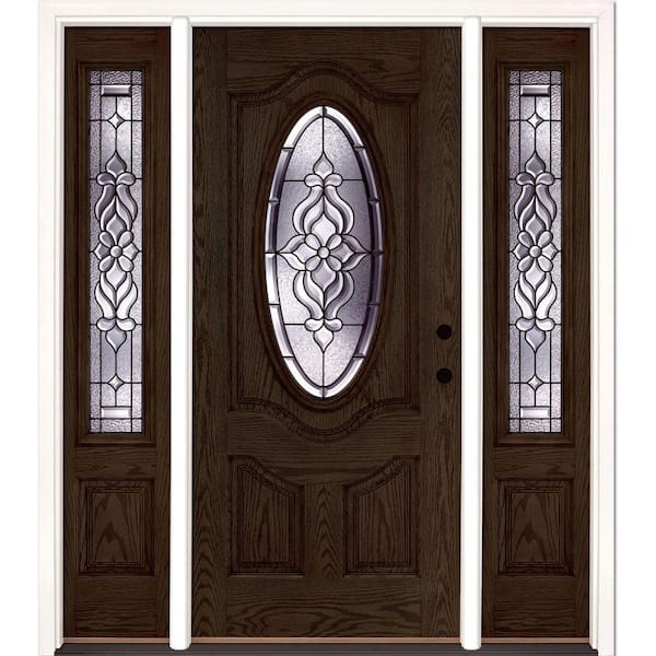 Feather River Doors 63.5 in.x81.625 in. Lakewood Patina 3/4 Oval Lt Stained Walnut Oak Left-Hand Fiberglass Prehung Front Door w/Sidelites