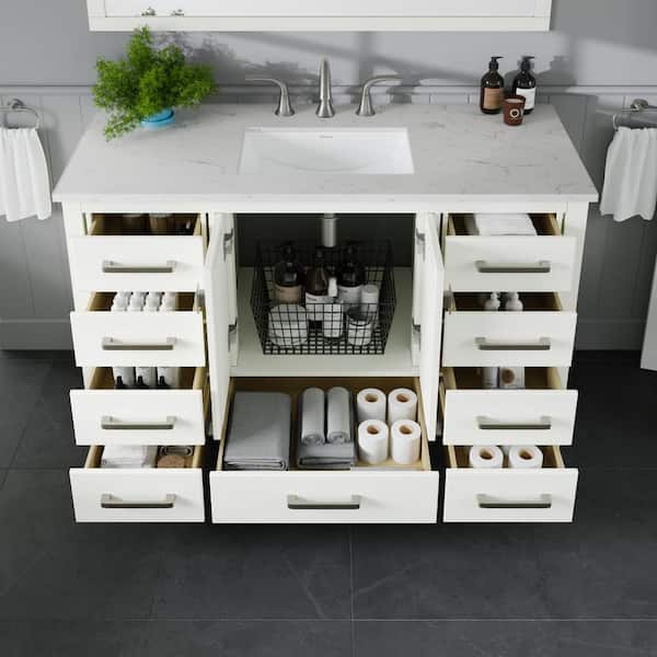Aberdeen 42 in. Single Sink White Bath Vanity with White Carrara Quartz Top (Assembled)