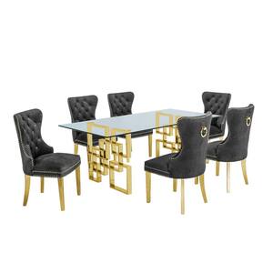 Dominga 7-Piece Glass Top with Stainless Steel and Set with 6-Dark Gray Velvet Chairs