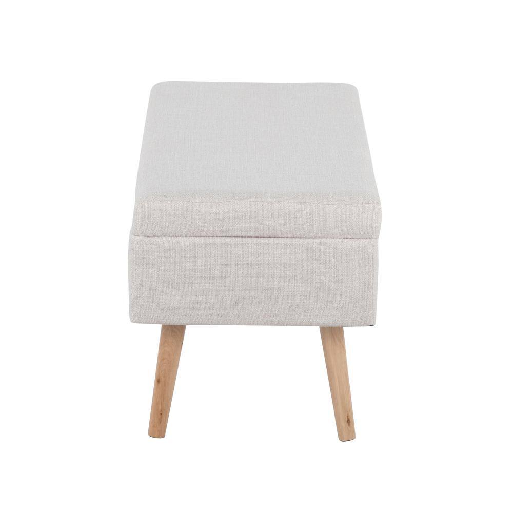 Beige Linen Upholstered Storage Bench with Natural Wood Legs