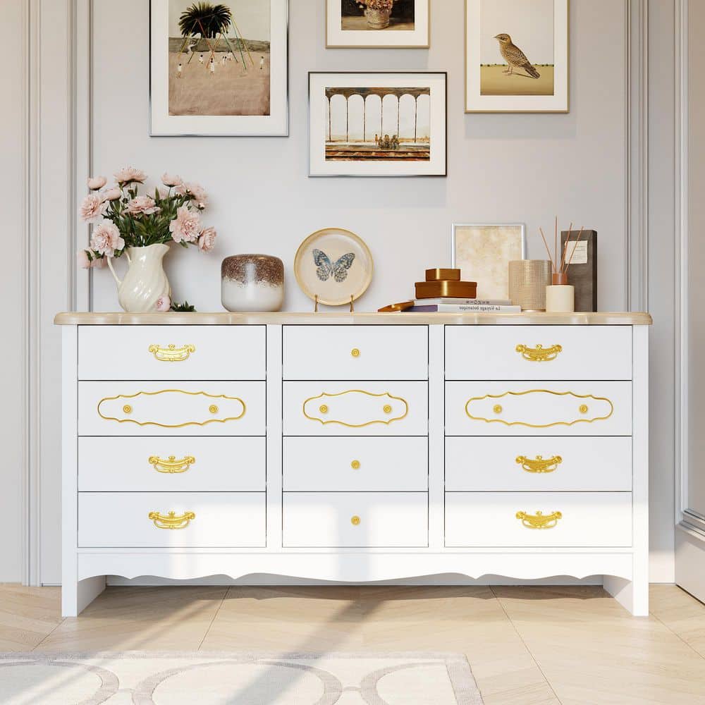 FUFU&GAGA White and Gold 12-Drawer 63 in. W Wood Chest of Drawers, Dresser,  Storage Cabinet with Antique Brass Handles L-THD-390137-01 - The Home ...