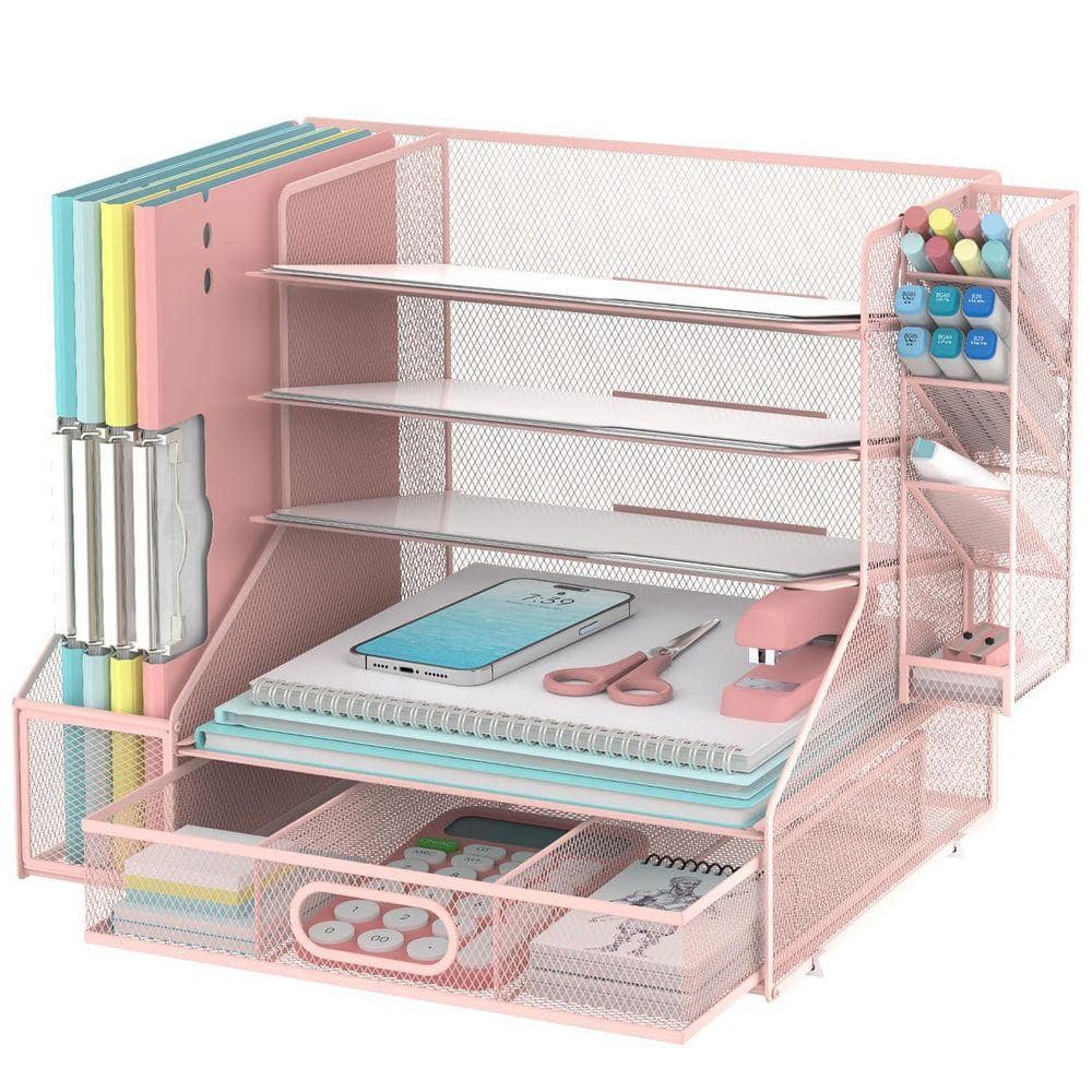 12.9 in x 15.62 in 5 Tier Desk Organizer with File Holder, Mesh Paper Letter Tray and 3 Tilted File Sorter, Pink