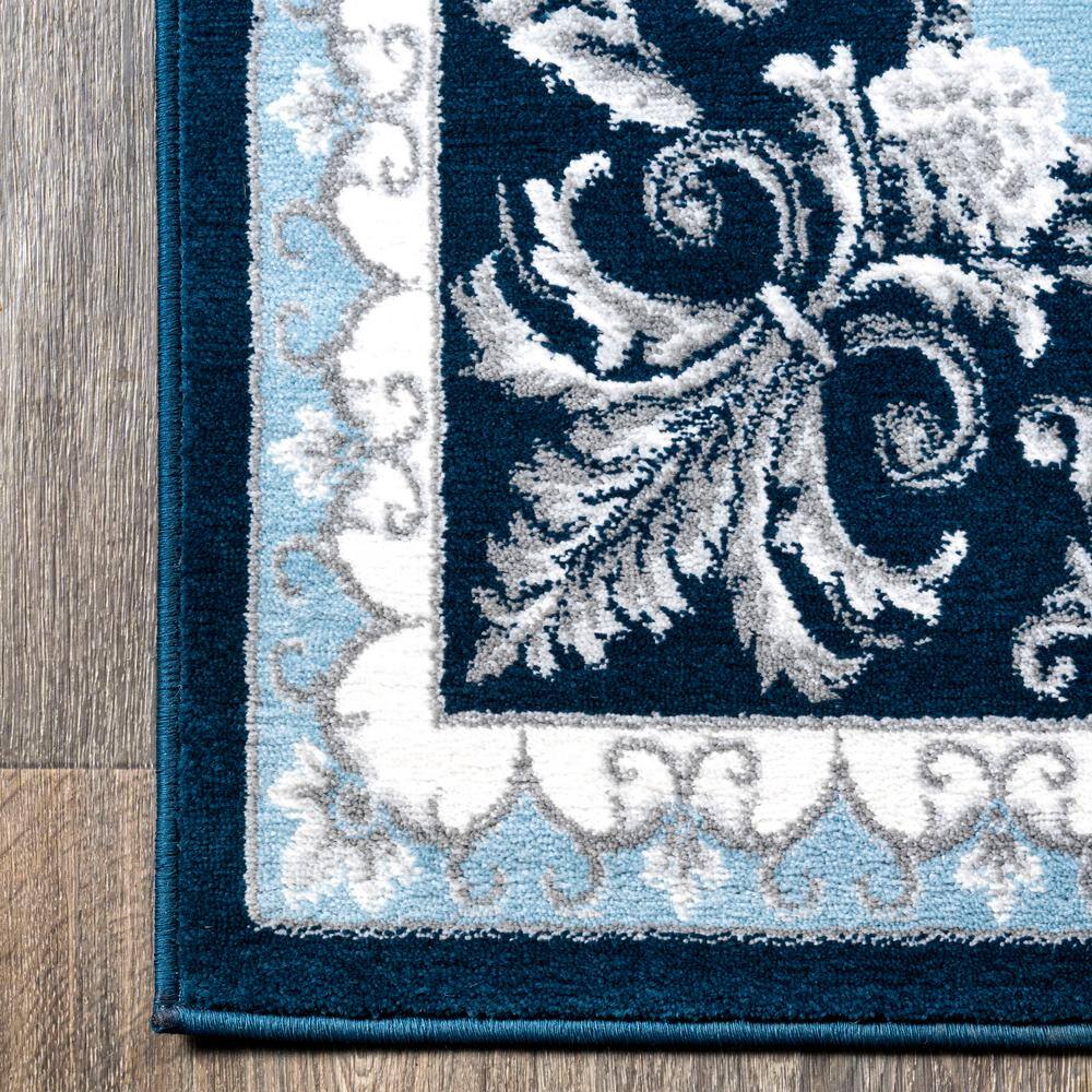 Acanthus Medallion French Border Navy/Blue Synthetic Area Rug 3x5