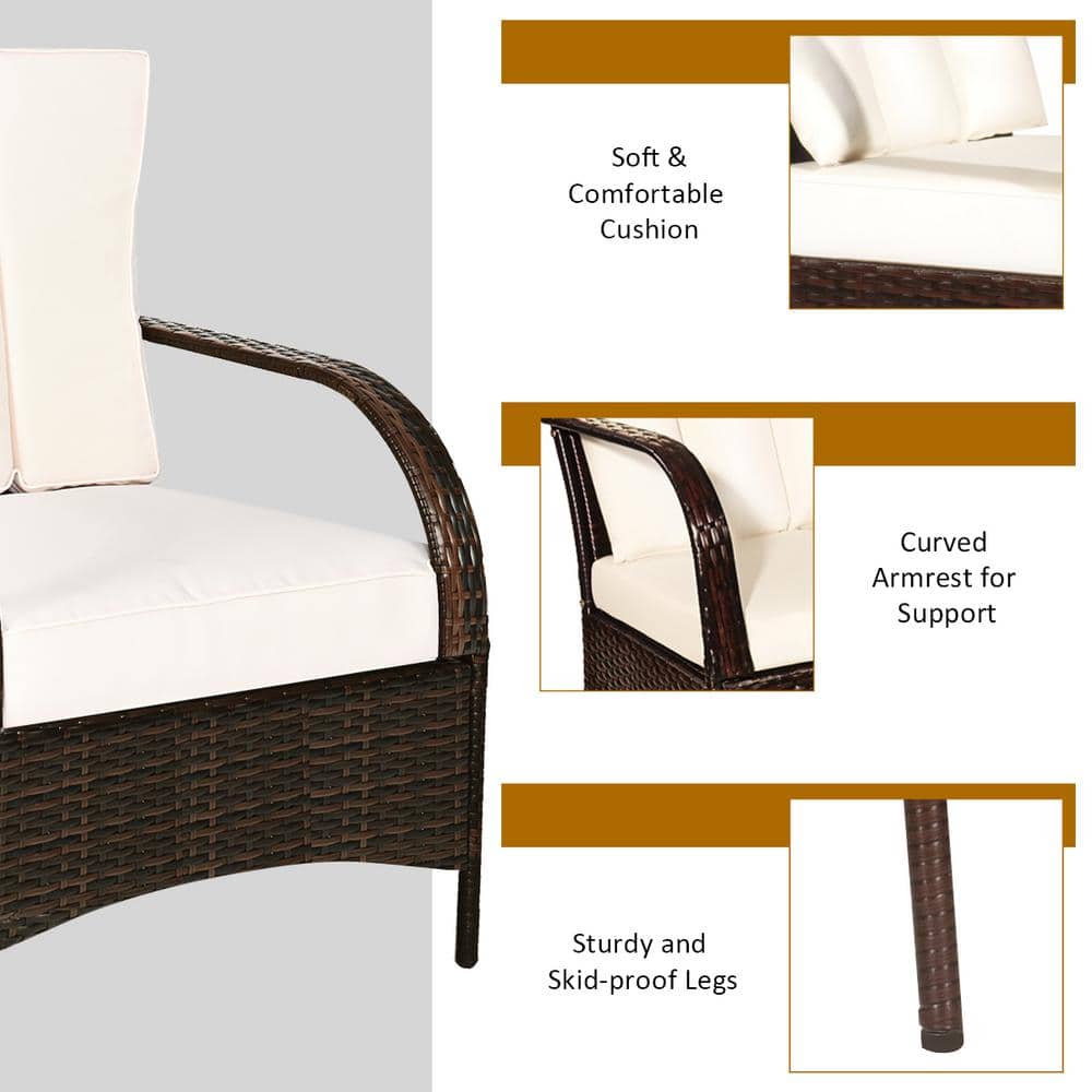 3-Piece Beige Rattan Patio Set with Cushions and Glass Table