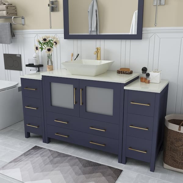 Ravenna 60 in. W Single Basin Bathroom Vanity in Blue with White Engineered Marble Top and Mirror
