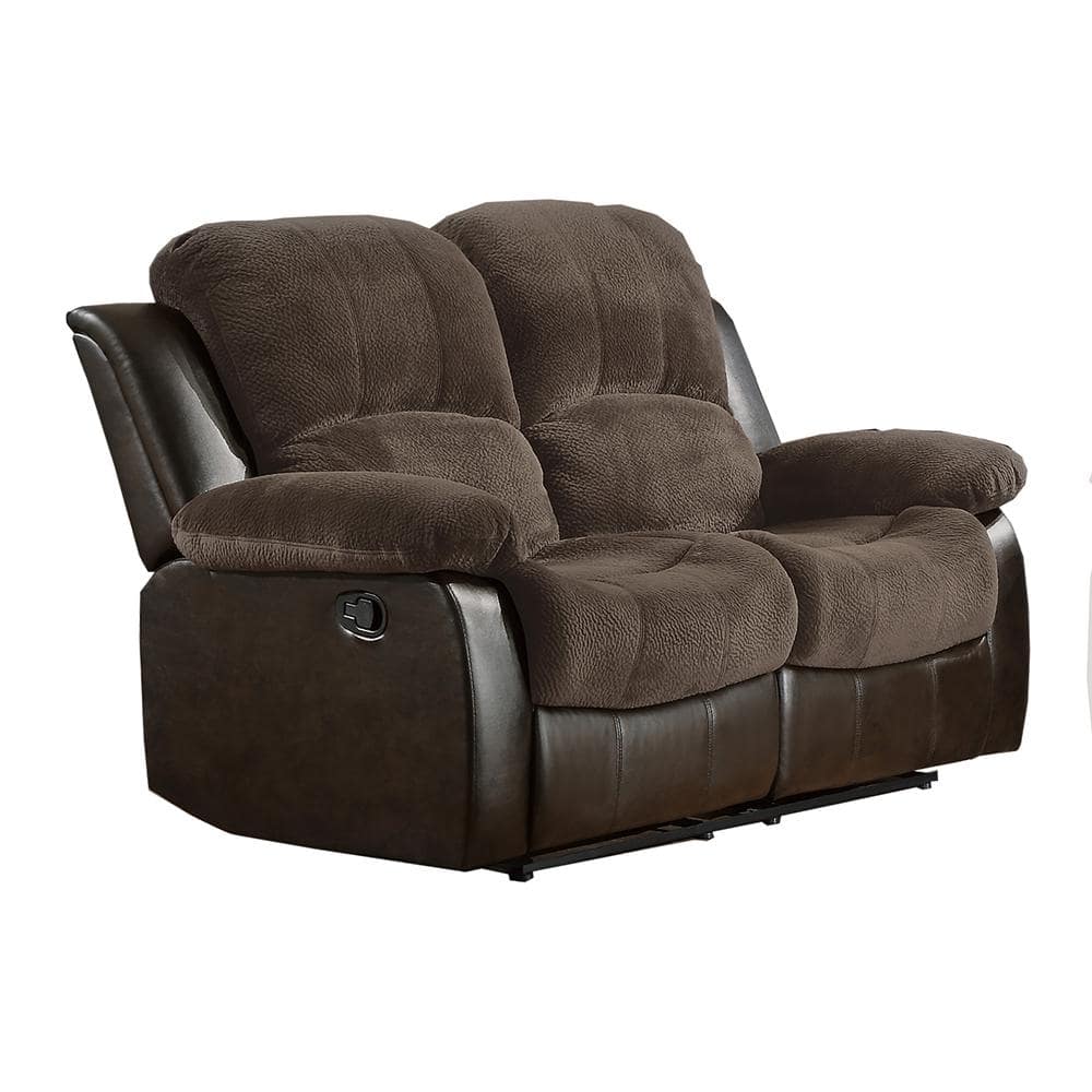 Brown Tufted Faux Leather Reclining Loveseat with Wood Frame