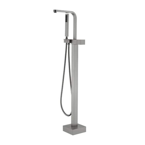 FLG Single-Handle Floor-Mount Roman Tub Faucet with Hand Shower Brass Freestanding Bath Tub Filler in Brushed Nickel