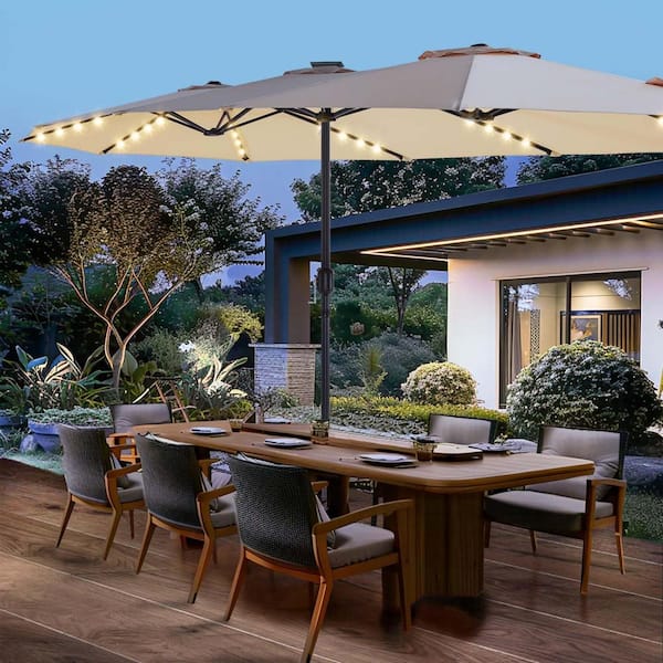 PASAMIC 15 ft. Solar LED Patio Market Umbrella Double-Sided Outdoor Umbrella, UV Protection with Crank Handle and Base in Beige