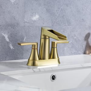 Waterfall Spout 4 in. Centerset 2-Handle Lavatory Bathroom Faucet with Drain Kit Included in Brushed Gold