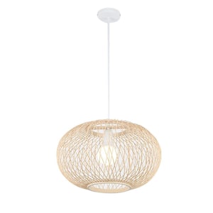 16 in. 1-Light Beige Hand-Woven Bamboo Pendant Light