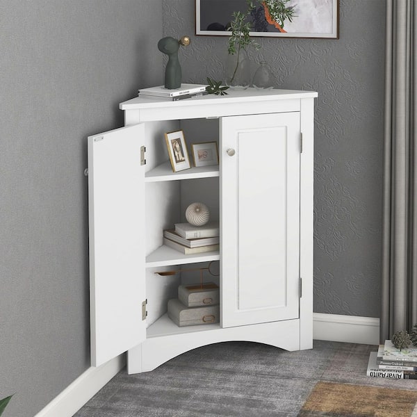 white corner bathroom floor cabinet