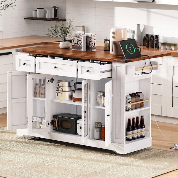 White Kitchen Cart with Drop Leaf, 2 Tempered Glass Cabinet Doors, Power Outlets, 3 Drawers, 5 Open Side Racks