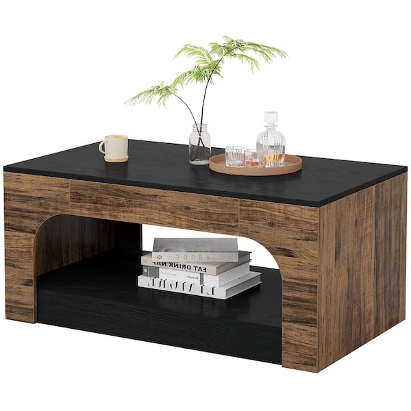 BYBLIGHT Allan 41.34 in. Black&Brown Small Rectangle Wood Coffee Table, Living Room Center Table with 2-Tier Storage