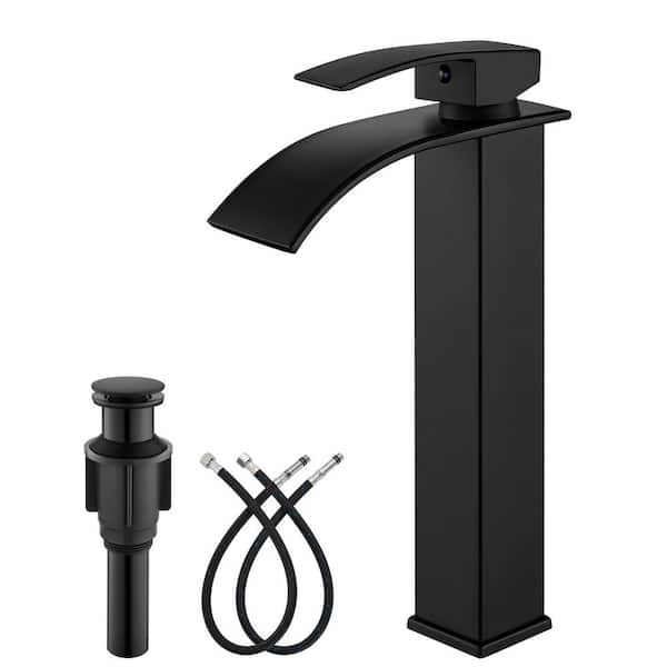 Unbranded Waterfall Tall Bathroom Faucet Single Handle 1-Hole Stainless Steel Vessel Sink Faucet Pop Up Drain, Matte Black