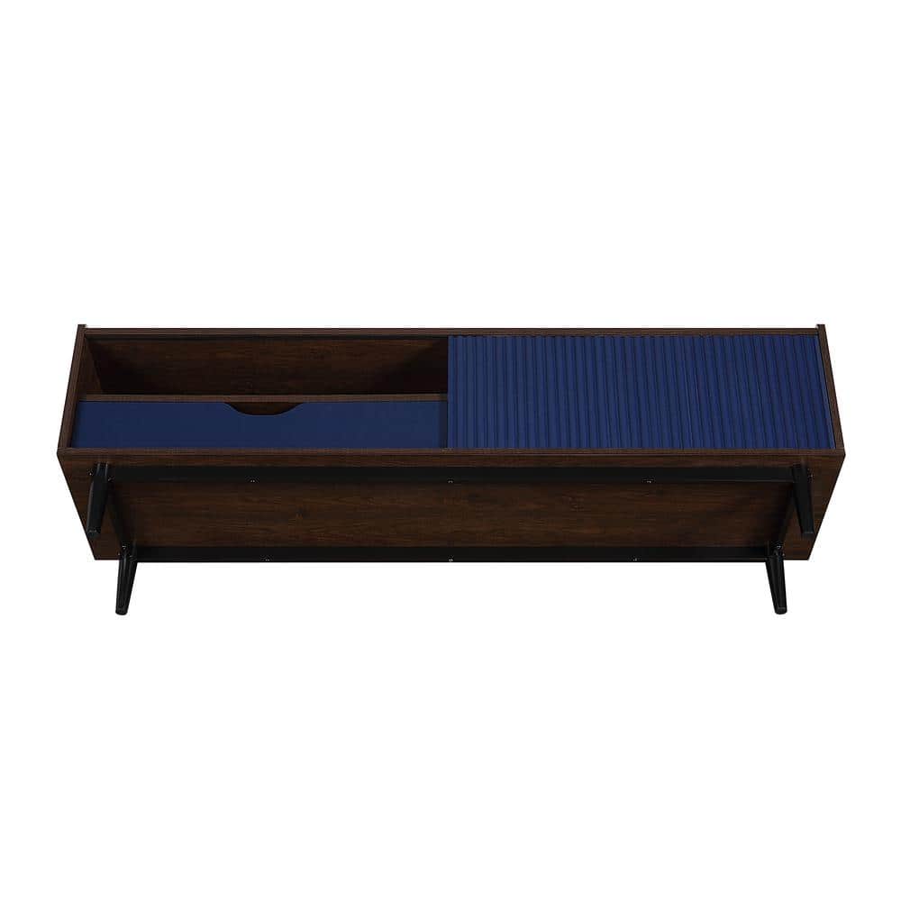 Duane Dark Brown and Navy Blue Ribbed TV Stand with Cabinet