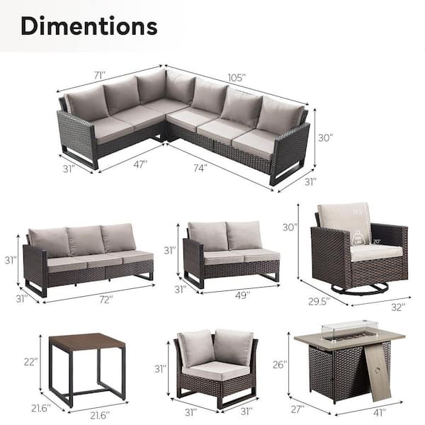 7-Piece Brown Wicker Fire Pit Conversation Set with Olefin Beige Cushions and Sectional Sofa/ Patio Swivel Chairs