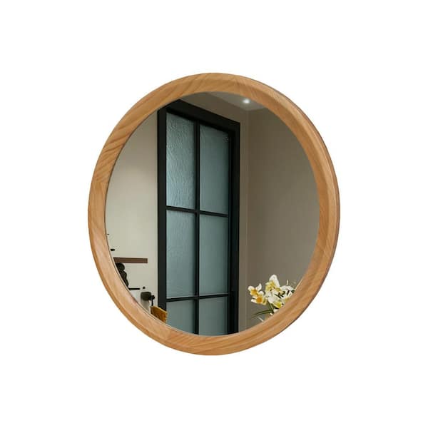 23.62 in. W x 23.62 in. H Round Solid Wood Framed Wall Mount Bathroom Vanity Mirror in Natural Wood Finish