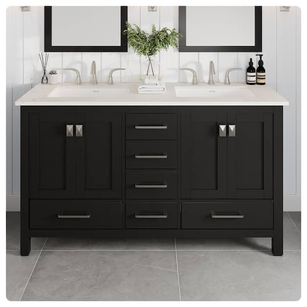 Eviva Aberdeen 60 in. Double Sink Espresso Bath Vanity with White Carrara Quartz Top (Assembled)