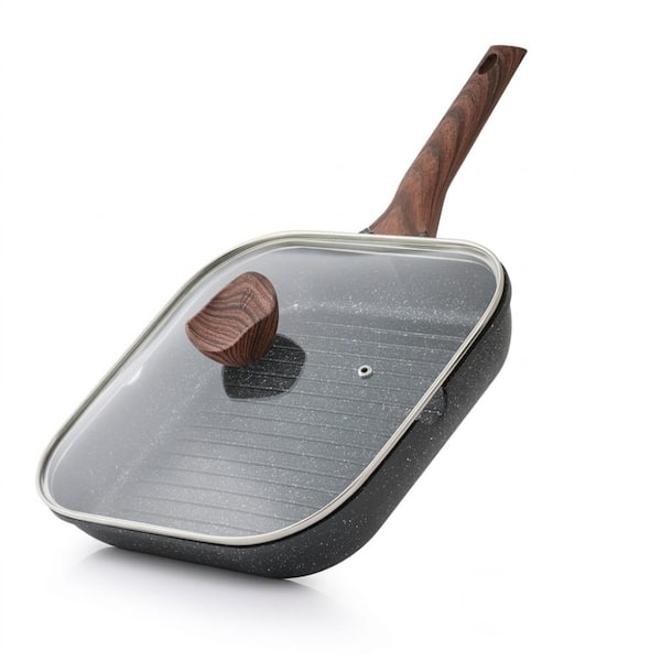 11 in. Square SGS-Verified Granite Nonstick Grill Pan with Glass Lid and Pour Spouts, Induction Ready in Black