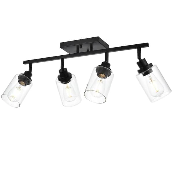 4-Light Black Track Lighting Kit with Clear Glass Shades, Adjustable Heads, E26 Ceiling or Wall Mount
